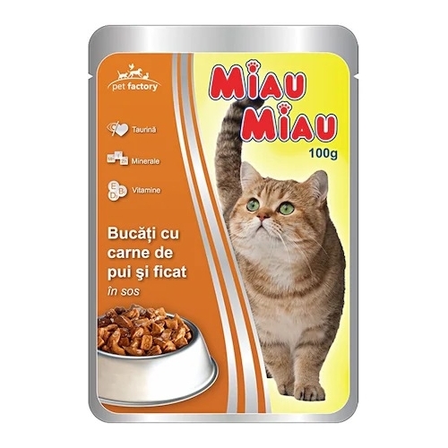Miau Miau Mancare umeda pisici cu carne de pui si ficat in sos, 100 g