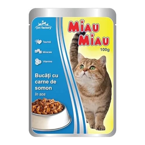 Miau Miau Mancare umeda pisici cu carne de somon in sos, 100 g