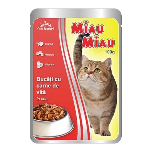 Miau Miau Mancare umeda pisici cu carne de vita in sos, 100 g