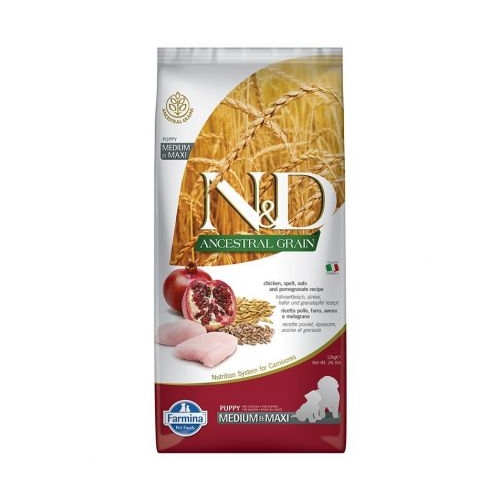 Hrana uscata catei de talie medie/mare, cu pui, rodie si alac, 12 kg, N&D Ancestral Grain