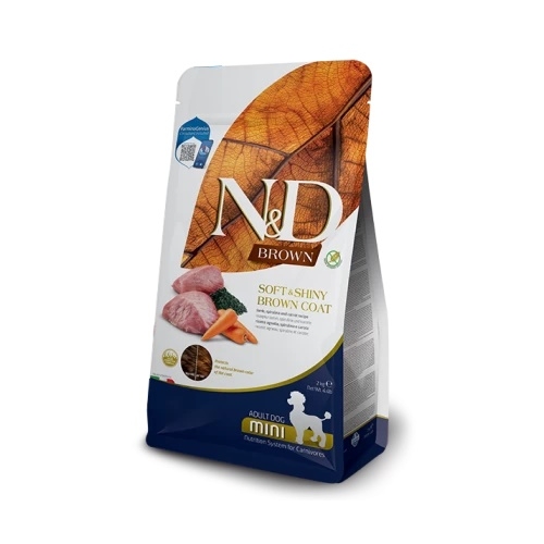 Hrana uscata caini adult de talie mica, cu miel, morcov si spirulina, 2 kg, N&D Brown