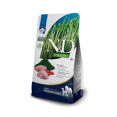 Hrana uscata caini adult de talie medie/mare, cu miel si goji, 2 kg, N&D Spirulina