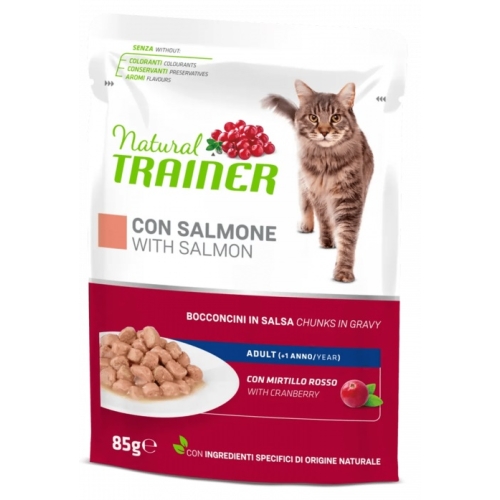 Hrana umeda pentru Pisici Adulte, cu Bucati de Somon in sos,  85 g x 12 buc, Natural Trainer
