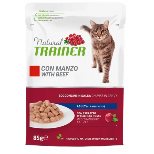 Hrana umeda pentru Pisici Adulte, cu Bucati de Vita in sos,  85 g x 12 buc, Natural Trainer