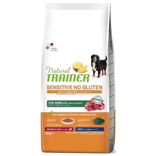 Hrana uscata, caini, Medium & Maxi, Adult Sensitive, Fara Gluten, cu miel, 12 kg, Natural Trainer