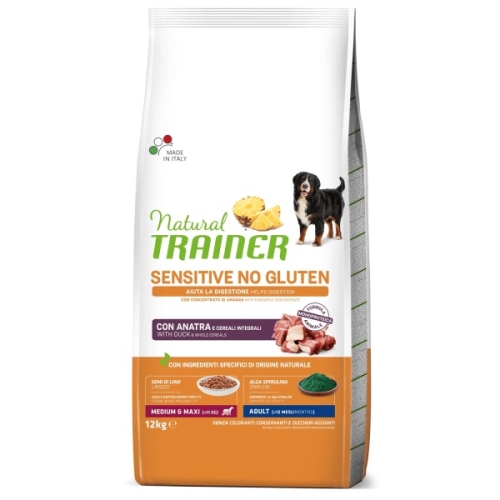 Hrana uscata, caini, Medium & Maxi, Adult Sensitive, Fara Gluten, cu rata, 12 kg, Natural Trainer