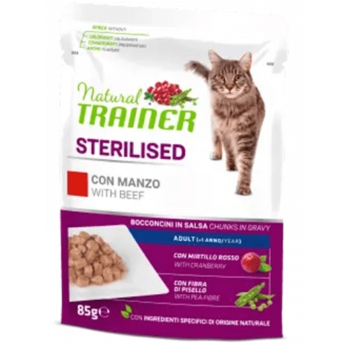 Hrana umeda pentru Pisici Adulte Sterilizate, cu Bucati de Vita in sos,  85 g x 12 buc, Natural Trainer