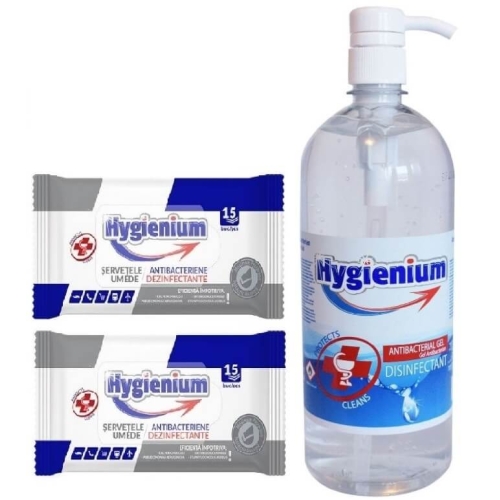 Pachet Hygienium Virucid: 1 x Gel dezinfectant maini 1000 ml si 2 x Servetele umede dezinfectante 15 buc, avizat Ministerul Sanatatii
