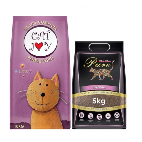 Pachet  Hrana uscata pentru pisici cu pasare 10kg, Cat Joy +  Nisip Pisici Pure Lavender 5 kg, MIAU MIAU