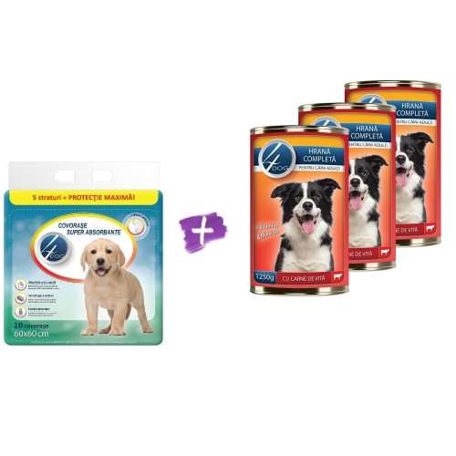 Pachet Covorase absorbante 60x60 10 buc + Conserva cu carne de vita 1240g x 3 buc, 4Dog 