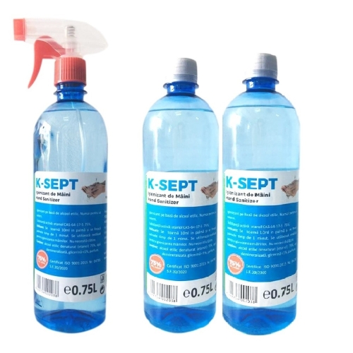 Pachet K-SEPT Virucid Dezinfectant de maini pe baza de alcool 75% cu pulverizator, 750 ml + Dezinfectant maini rezerva