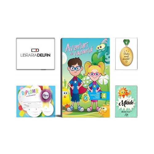 Pachet DZC: Aventuri de vacanta, Caiet transcurricular pentru clasa a 4-a (Contine diploma si supliment pentru limba engleza )-Editura Sinapsis, Miade (Contribuie la cresterea fluentei in citire) Diploma si Medalie.