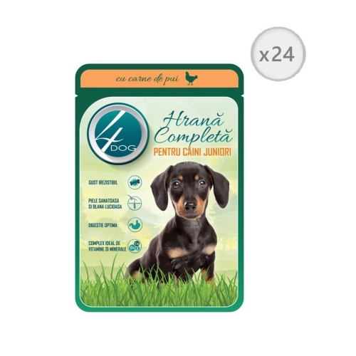 Pachet 4DOG Hrana completa pentru caine junior plic pui in sos 100G x 24 buc. Produse pentru caini si catei