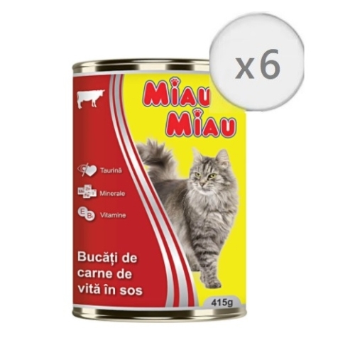 Pachet MIAU MIAU Conserva Pisici cu carne de vita 415g x 6 buc