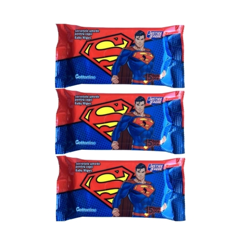 Pachet Cottonino Superman Servetele umede pentru copii, 3x 15 buc. Produs pentru igiena persoanala