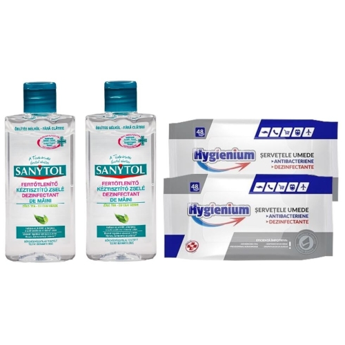 Pachet Sanytol Mini-gel dezinfectant pentru maini 2 x 75 ml + Hygienium Servetele umede antibacteriene/dezinfectante 2 x 48 bucpe grupdzc.ro✅. Descopera gama copleta de produse la oferte speciale✅!