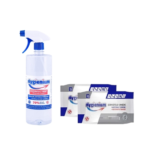 Pachet Hygienium Virucid dezinfectant maini,1 L + Hygienium servetele umede dezinfectante 2 x 48 buc, avizat Ministerul Sanatatii