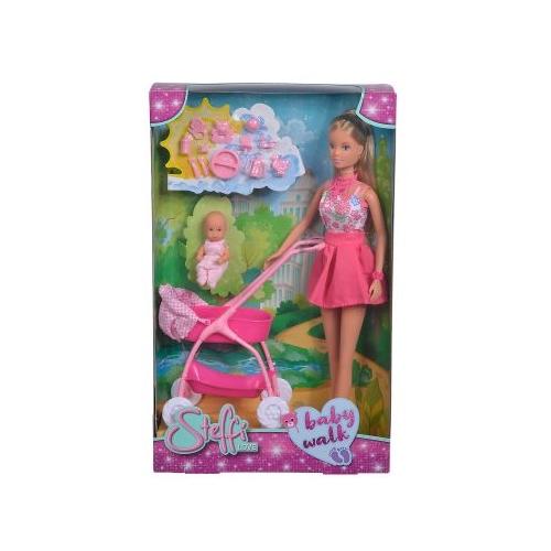 Papusa Steffi in rochita roz cu carucior si bebelus, Steffi Love