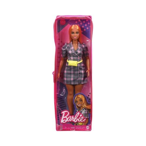 Papusa Barbie cu rochie tip blazer roz in carouri, Barbie
