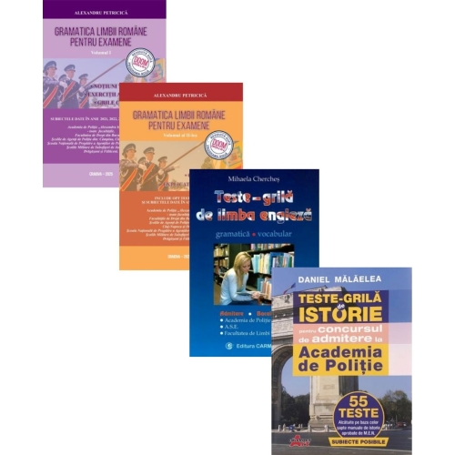 Pachet complet Admitere Academia de Politie Gramatica limbii romane, Notiuni, Exercitii si Grile. Teste grila de istorie Teste grila de limba engleza. Gramatica, vocabular - Alexandru Petricica