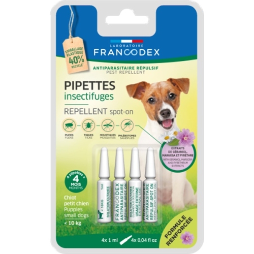 Pipete repelente antiparazitare,  pentru caini de talie mica si pui, 4x1.5 ml, Francodex