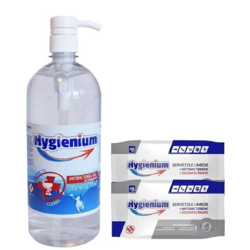 Hygienium Biocid Gel dezinfectant pentru maini 1000 ml, avizat Ministerul Sanatatii + Servetele umede dezinfectante/antibacteriene 2x48 bucpe grupdzc.ro✅. Descopera gama copleta de produse la oferte speciale✅!