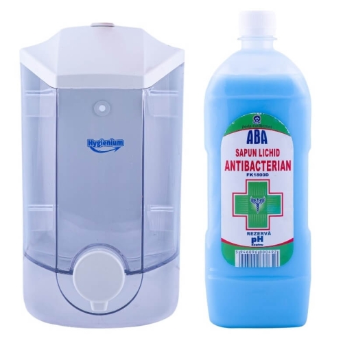 Hygienium Dispenser/Dozator manual pentru sapun, 1000 ml + Aba Biocid Sapun dezinfectant rezerva 1000 ml, avizat Ministerul Sanatatii
