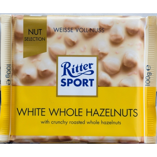 Ritter Sport Ciocolata alba cu alune intregi, 100g
