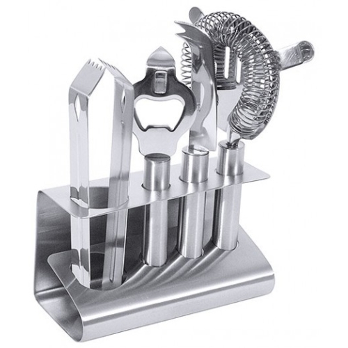 Set 5 ustensile pentru barman, compus din: suport + strecuratoare cocktail + cleste + desfacator sticle + cutit, inox 18/10 cu finisaj lucios, dimensiuni 130x70x170mm