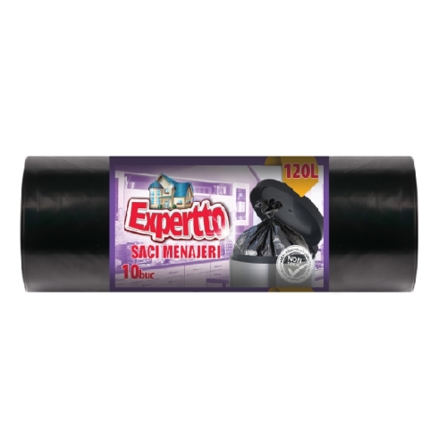 Saci menajeri, 10 buc, 120 L, Expertto, saci de gunoi mari, culoare negru, cu snur. Produse curatare casa si exterior