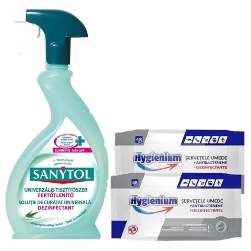 Sanytol Solutie dezinfectant universal pentru suprafete cu parfum de eucalipt 500ml + 2x Hygienium Servetele umede antibacteriene/dezinfectante 48 bucpe grupdzc.ro✅. Descopera gama copleta de produse la oferte speciale✅!