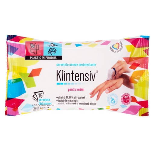 Servetele umede dezinfectante pentru maini, 15 buc, Klintensiv