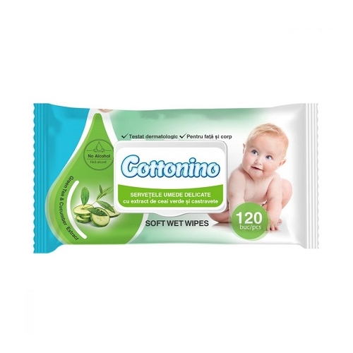 Servetele umede 120 buc., ceai verde si castravete, cu capac, Cottonino