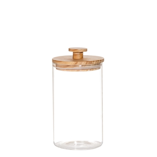 Recipient din sticla cu capac din lemn, diametru 105mm, inaltime 195mm
